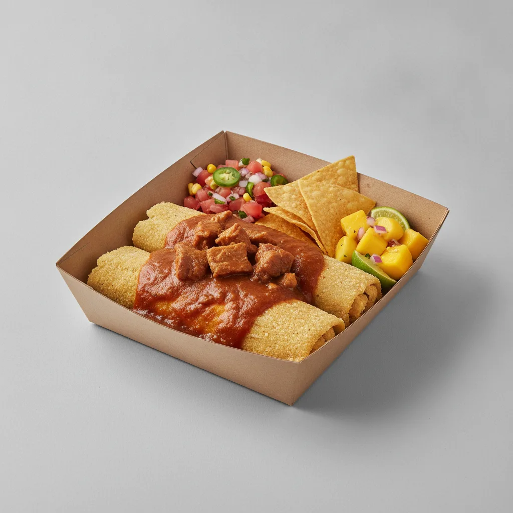 Tamales Box — Pork w/ Red Sauce with Pico and Chips / Mango Salad Tamales Box — Pork w/ Red Sauce with Pico and Chips / Mango Salad