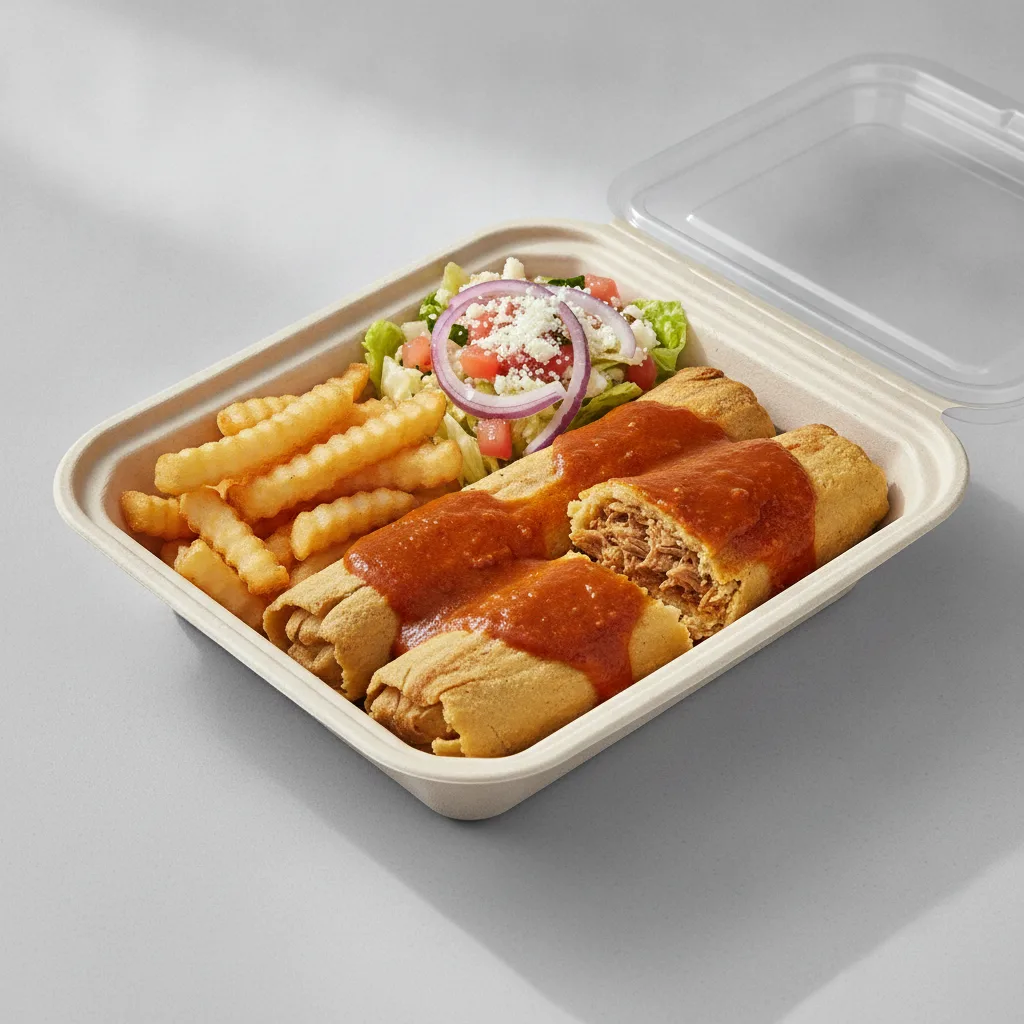 Tamales Box — Pork w/ Red Sauce with French Fries / Mexican Salad Tamales Box — Pork w/ Red Sauce with French Fries / Mexican Salad
