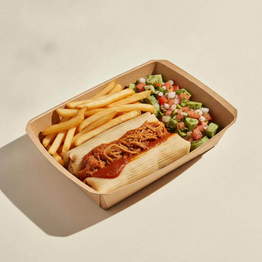 Tamales Box — Pork w/ Red Sauce with French Fries / Nopalitos Salad Tamales Box — Pork w/ Red Sauce with French Fries / Nopalitos Salad
