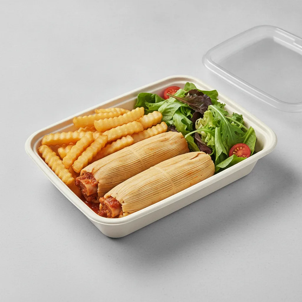 Tamales Box — Pork w/ Red Sauce with French Fries / Green Salad Tamales Box — Pork w/ Red Sauce with French Fries / Green Salad