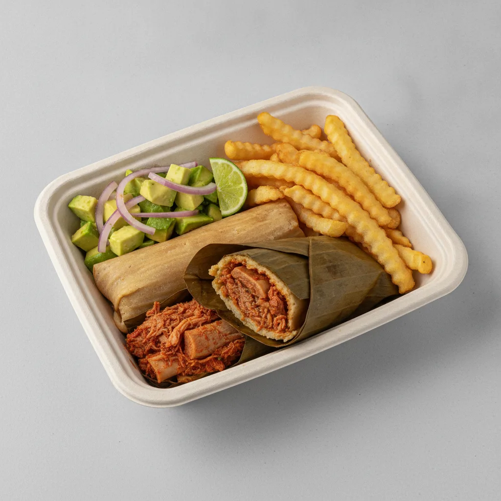 Tamales Box — Pork w/ Red Sauce with French Fries / Avocado Salad Tamales Box — Pork w/ Red Sauce with French Fries / Avocado Salad