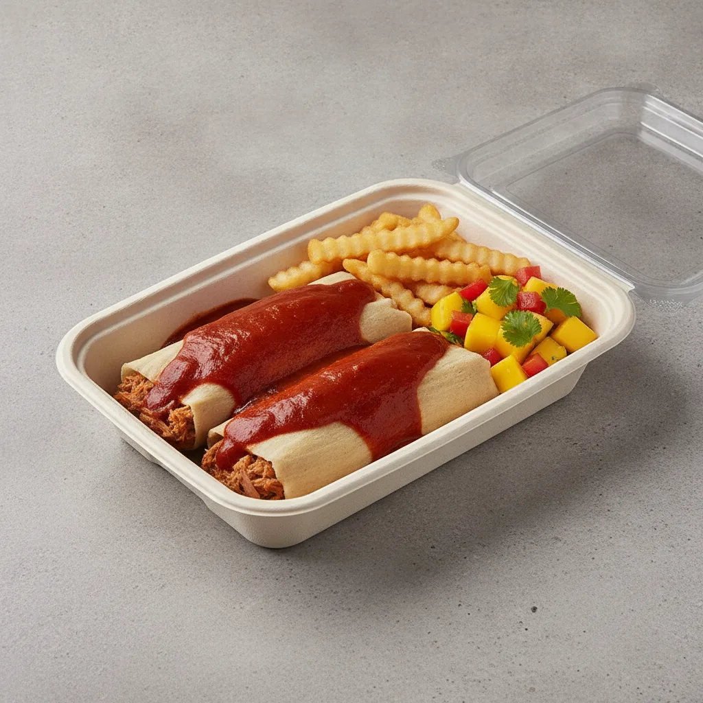 Tamales Box — Pork w/ Red Sauce with French Fries / Mango Salad Tamales Box — Pork w/ Red Sauce with French Fries / Mango Salad