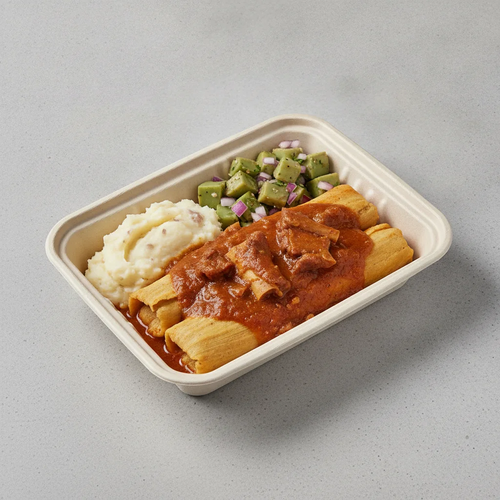 Tamales Box — Pork w/ Red Sauce with Mashed Potato / Nopalitos Salad Tamales Box — Pork w/ Red Sauce with Mashed Potato / Nopalitos Salad