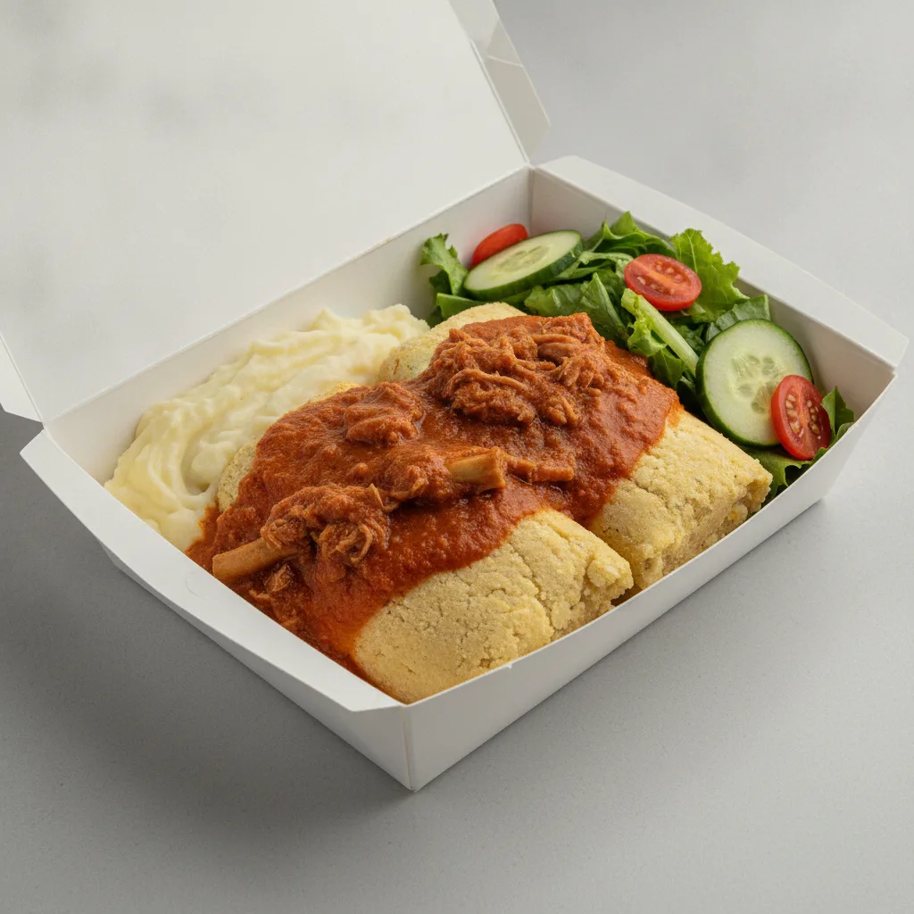 Tamales Box — Pork w/ Red Sauce with Mashed Potato / Green Salad Tamales Box — Pork w/ Red Sauce with Mashed Potato / Green Salad