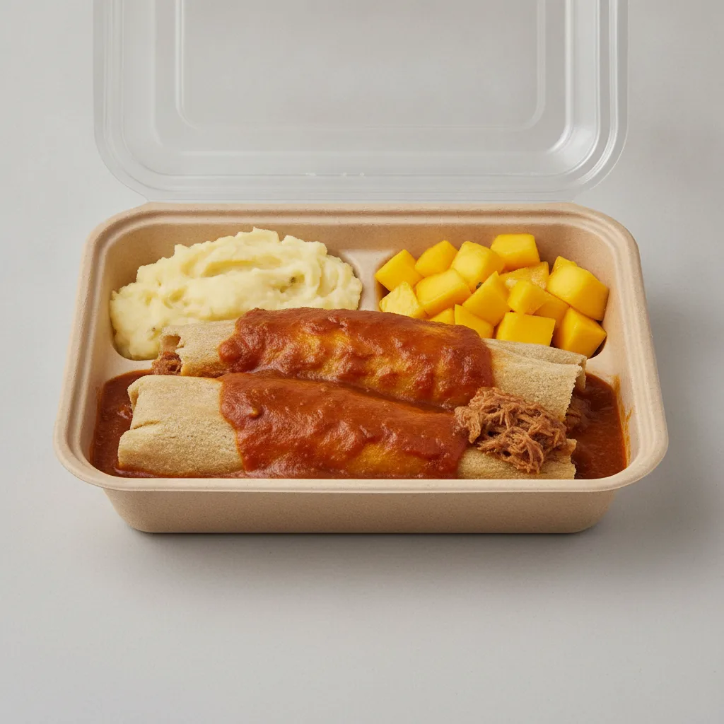 Tamales Box — Pork w/ Red Sauce with Mashed Potato / Mango Salad Tamales Box — Pork w/ Red Sauce with Mashed Potato / Mango Salad