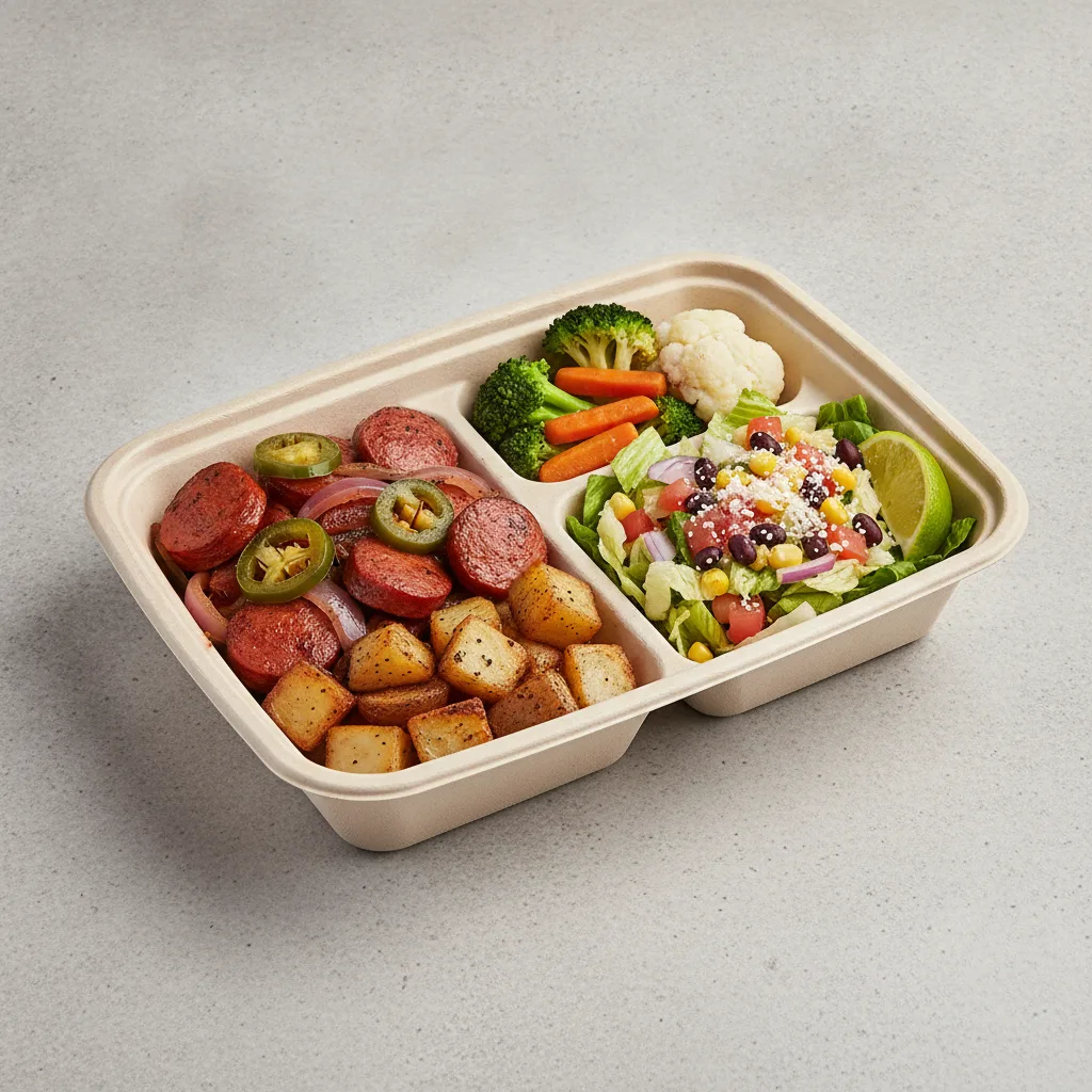 Chorizo Potatoes Boxed Lunch with Steamed Mix Veggies / Mexican House Salad Chorizo Potatoes Boxed Lunch with Steamed Mix Veggies / Mexican House Salad