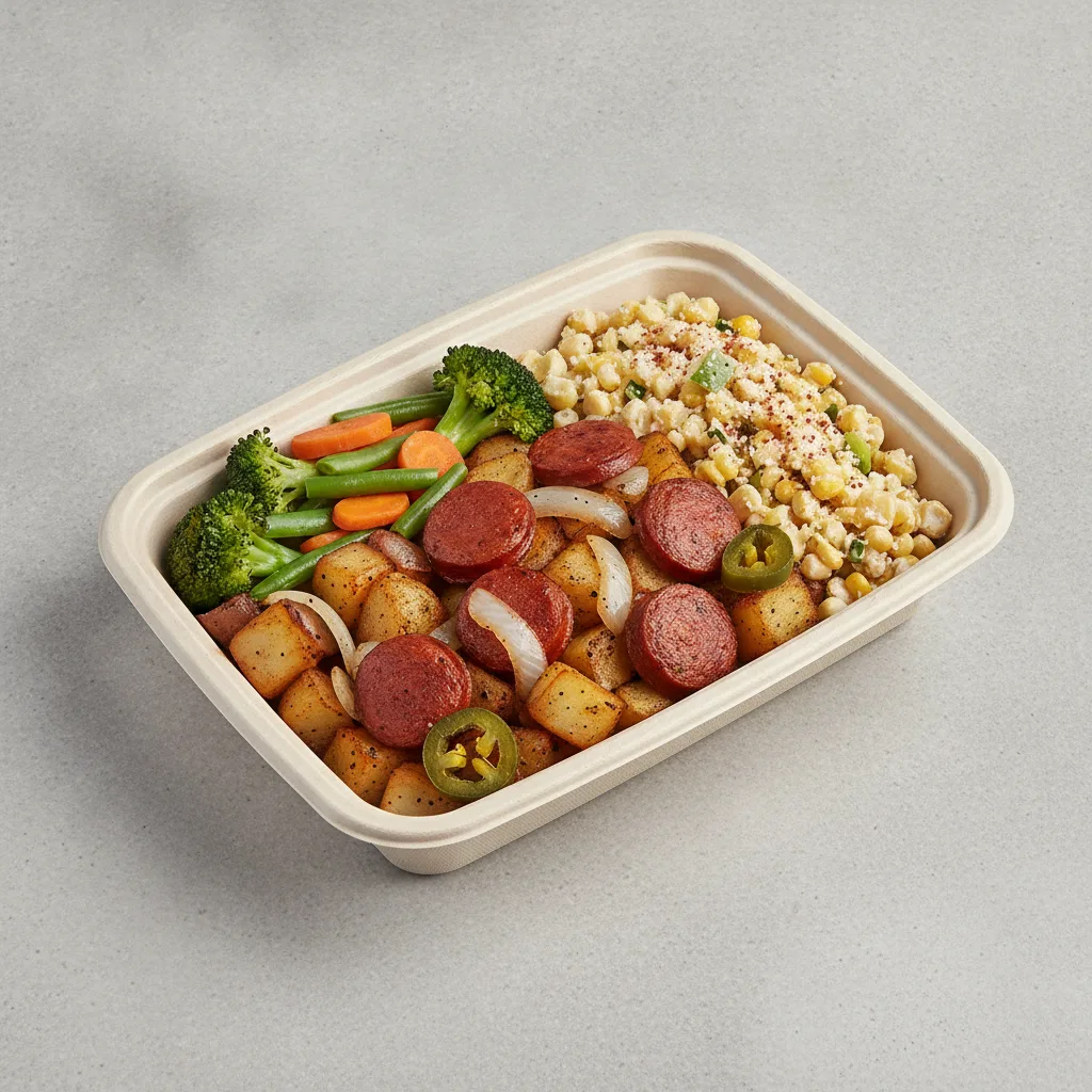 Chorizo Potatoes Boxed Lunch with Steamed Mix Veggies / Street Corn Salad Chorizo Potatoes Boxed Lunch with Steamed Mix Veggies / Street Corn Salad