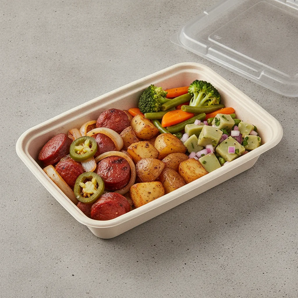 Chorizo Potatoes Boxed Lunch with Steamed Mix Veggies / Nopalitos Salad Chorizo Potatoes Boxed Lunch with Steamed Mix Veggies / Nopalitos Salad