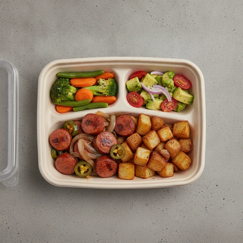 Chorizo Potatoes Boxed Lunch with Steamed Mix Veggies / Avocado Salad Chorizo Potatoes Boxed Lunch with Steamed Mix Veggies / Avocado Salad