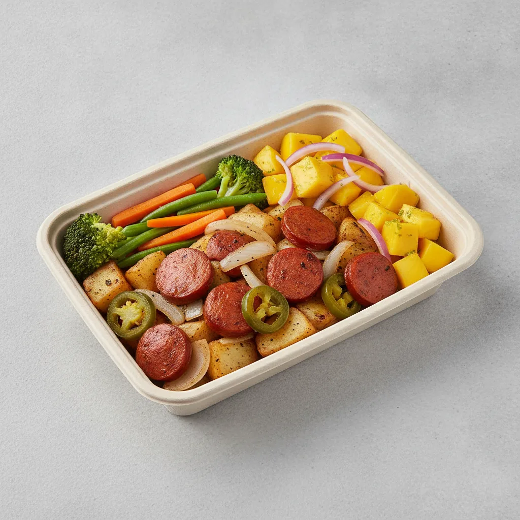 Chorizo Potatoes Boxed Lunch with Steamed Mix Veggies / Mango Salad Chorizo Potatoes Boxed Lunch with Steamed Mix Veggies / Mango Salad