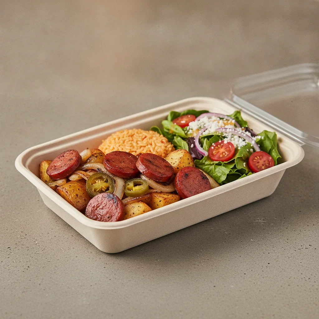Chorizo Potatoes Boxed Lunch — Mexican Rice / Mexican House Salad Chorizo Potatoes Boxed Lunch — Mexican Rice / Mexican House Salad