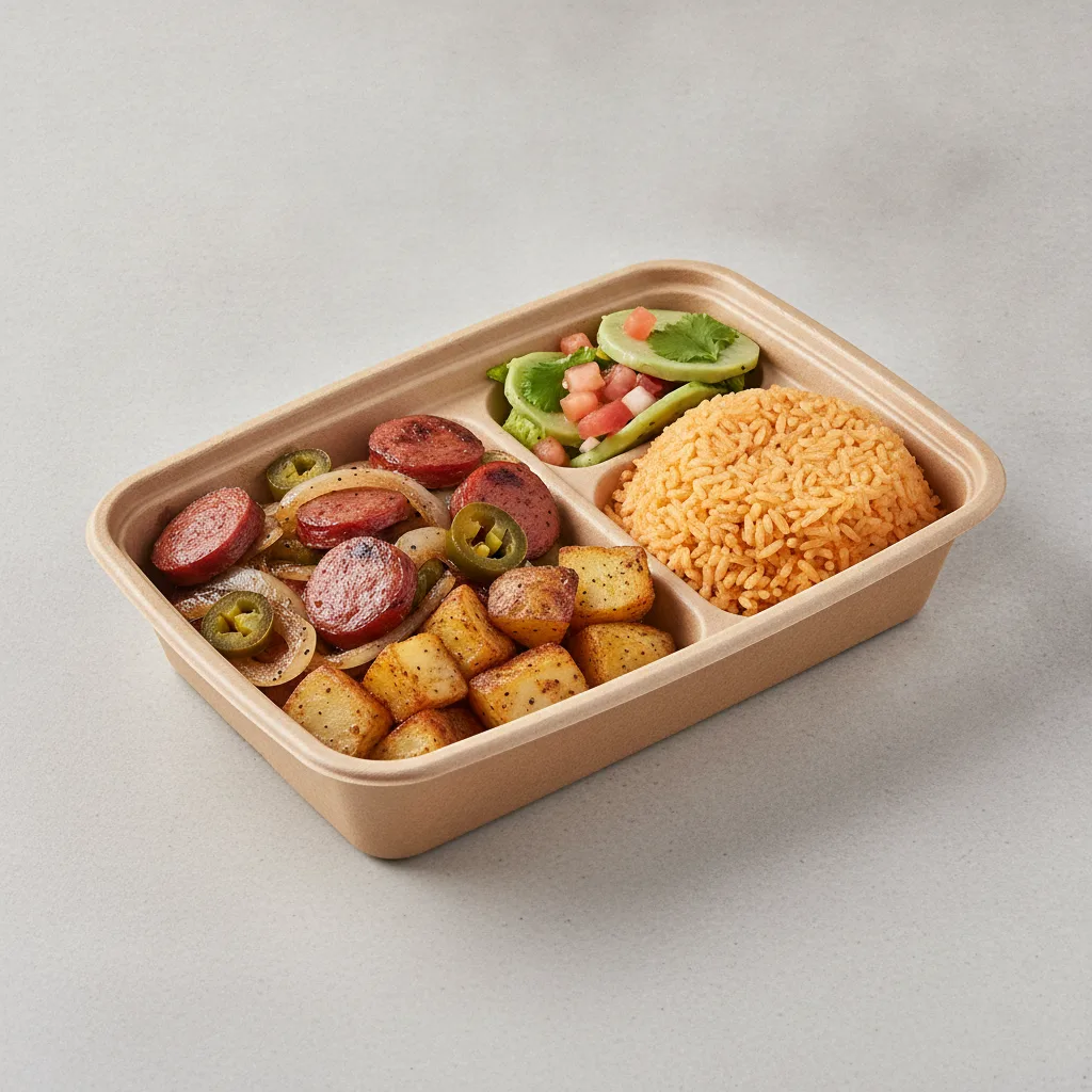 Chorizo Potatoes Boxed Lunch — Mexican Rice / Nopalitos Salad Chorizo Potatoes Boxed Lunch — Mexican Rice / Nopalitos Salad