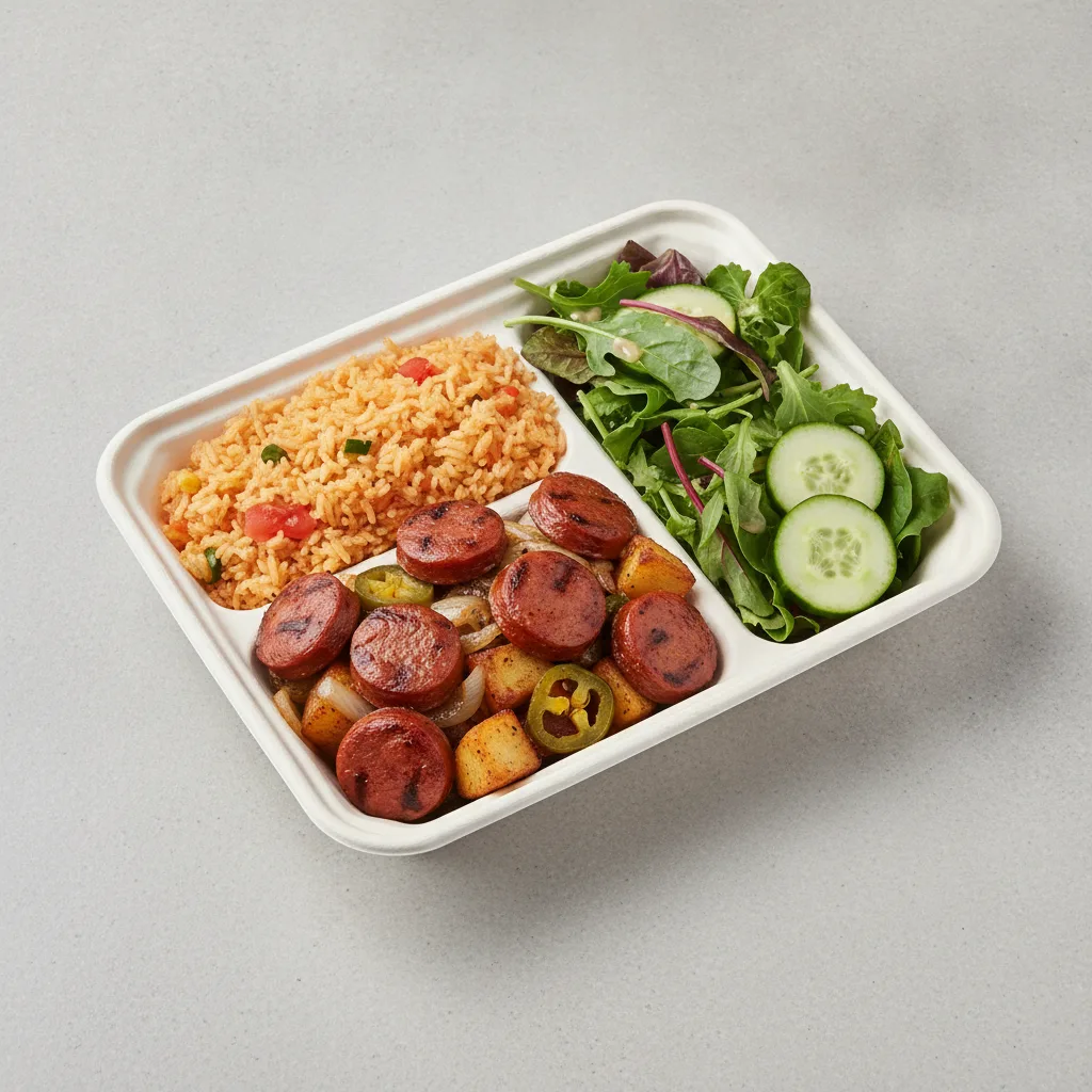 Chorizo Potatoes Boxed Lunch — Mexican Rice / Green Salad Chorizo Potatoes Boxed Lunch — Mexican Rice / Green Salad
