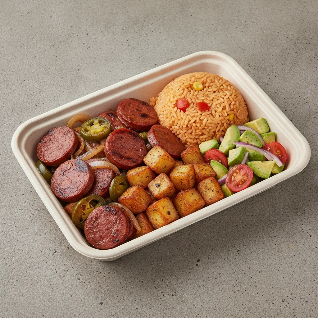 Chorizo Potatoes Boxed Lunch — Mexican Rice / Avocado Salad Chorizo Potatoes Boxed Lunch — Mexican Rice / Avocado Salad