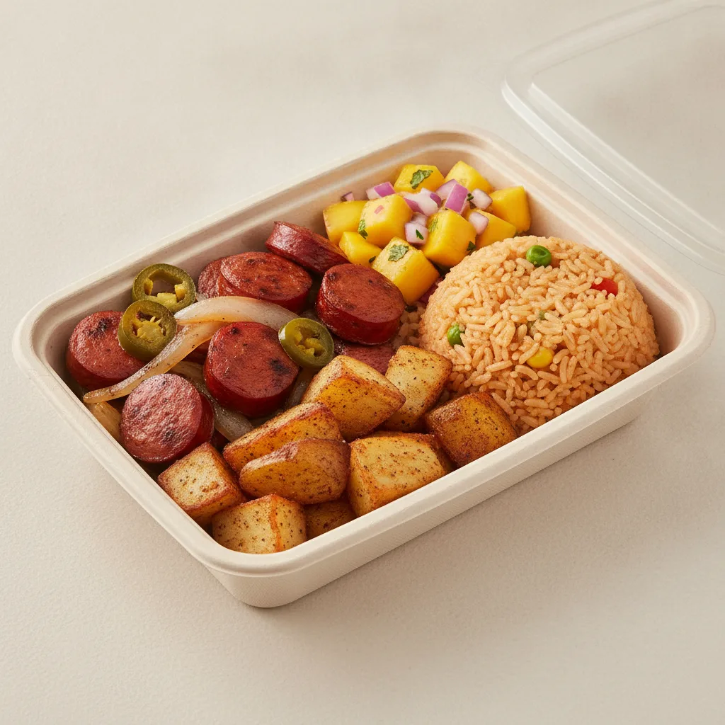Chorizo Potatoes Boxed Lunch — Mexican Rice / Mango Salad Chorizo Potatoes Boxed Lunch — Mexican Rice / Mango Salad