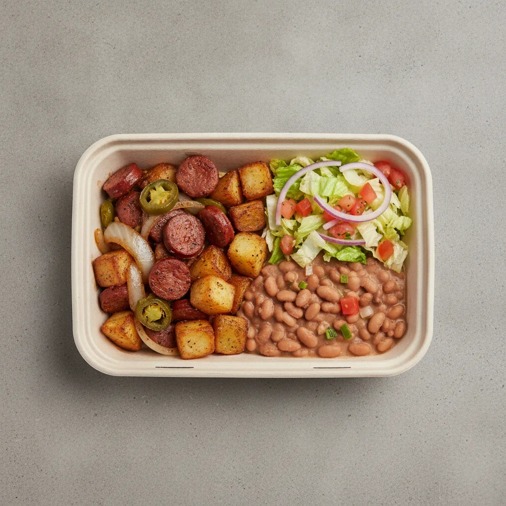 Chorizo Potatoes Boxed Lunch — Pinto Beans / Mexican House Salad Chorizo Potatoes Boxed Lunch — Pinto Beans / Mexican House Salad