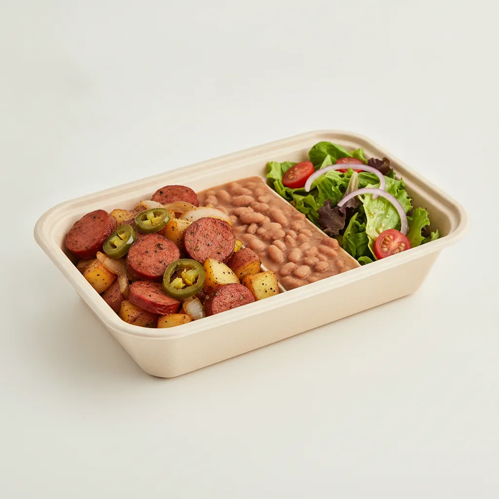 Chorizo Potatoes Boxed Lunch — Pinto Beans / Green Salad Chorizo Potatoes Boxed Lunch — Pinto Beans / Green Salad