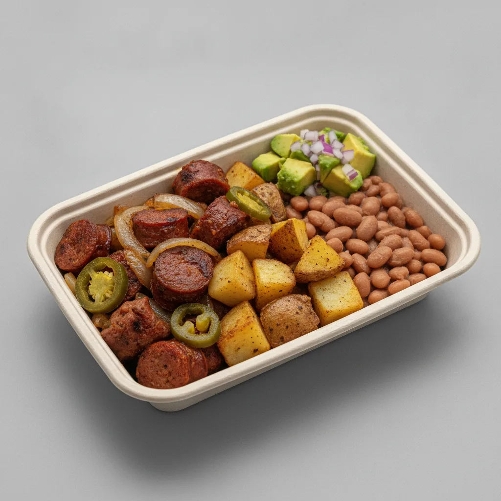 Chorizo Potatoes Boxed Lunch — Pinto Beans / Avocado Salad Chorizo Potatoes Boxed Lunch — Pinto Beans / Avocado Salad