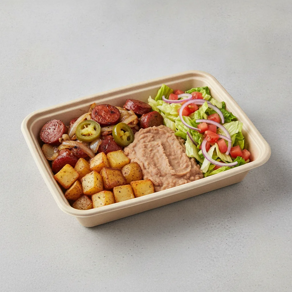 Chorizo Potatoes Boxed Lunch with Refried Pinto Beans / Mexican House Salad Chorizo Potatoes Boxed Lunch with Refried Pinto Beans / Mexican House Salad