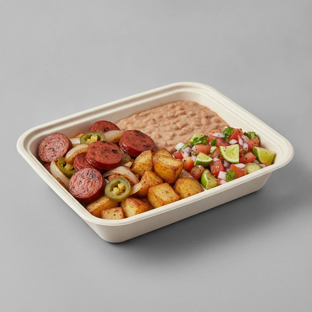 Chorizo Potatoes Boxed Lunch with Refried Pinto Beans / Nopalitos Salad Chorizo Potatoes Boxed Lunch with Refried Pinto Beans / Nopalitos Salad