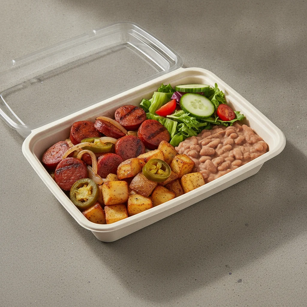 Chorizo Potatoes Boxed Lunch with Refried Pinto Beans / Green Salad Chorizo Potatoes Boxed Lunch with Refried Pinto Beans / Green Salad