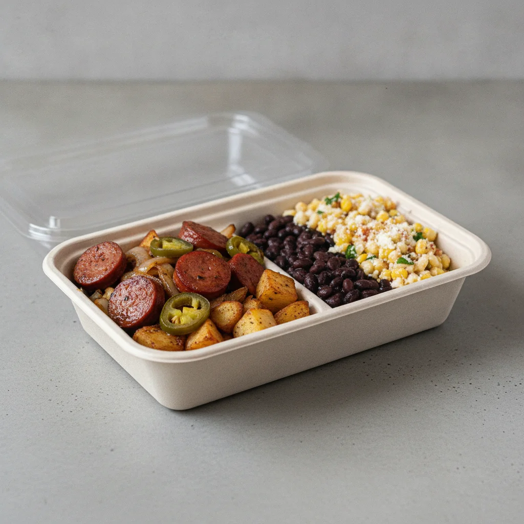Chorizo Potatoes Boxed Lunch — Black Beans / Street Corn Salad Chorizo Potatoes Boxed Lunch — Black Beans / Street Corn Salad