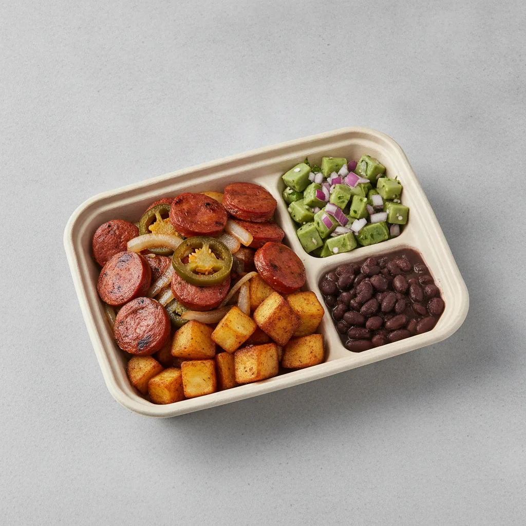 Chorizo Potatoes Boxed Lunch — Black Beans / Nopalitos Salad Chorizo Potatoes Boxed Lunch — Black Beans / Nopalitos Salad