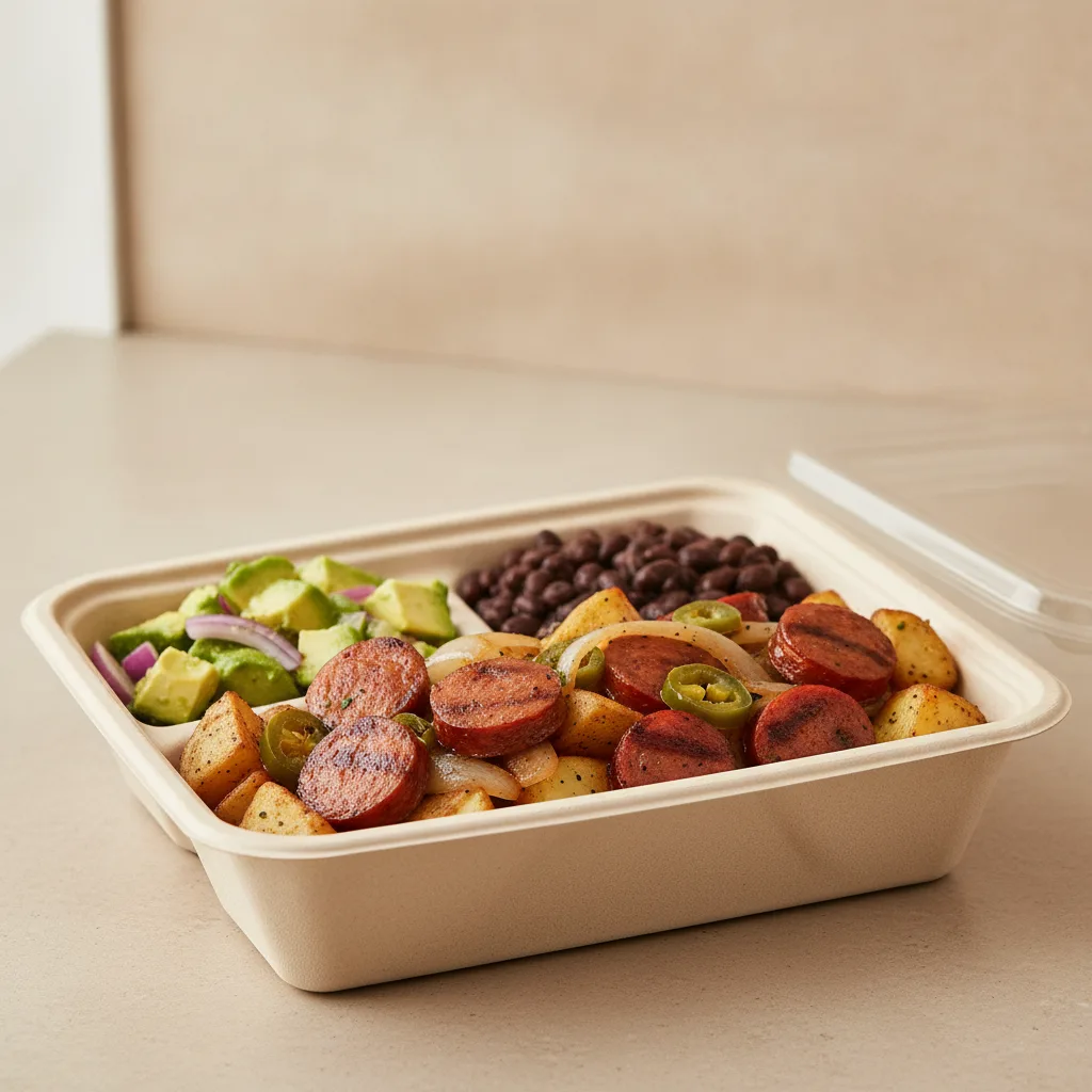 Chorizo Potatoes Boxed Lunch — Black Beans / Avocado Salad Chorizo Potatoes Boxed Lunch — Black Beans / Avocado Salad