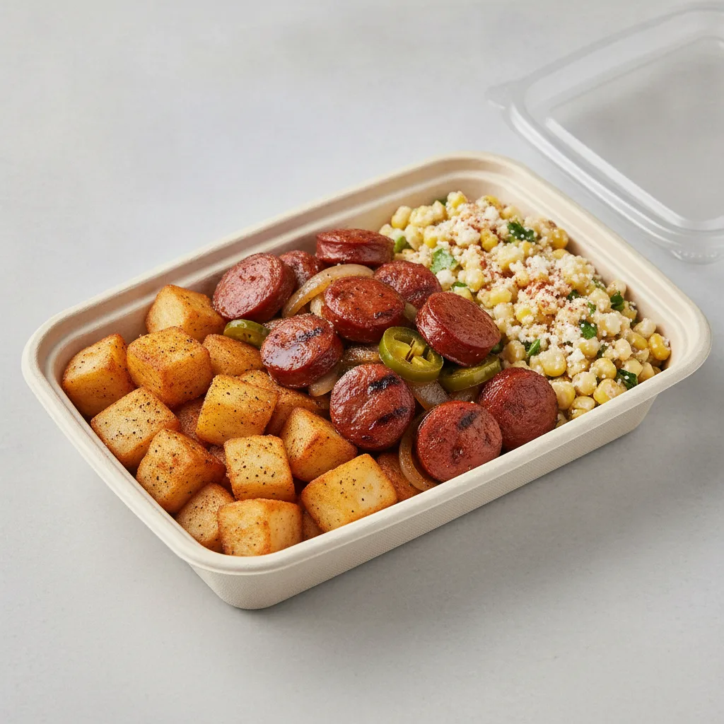 Chorizo Potatoes Boxed Lunch — Home Fries / Street Corn Salad Chorizo Potatoes Boxed Lunch — Home Fries / Street Corn Salad