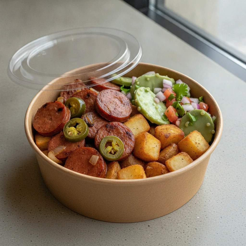 Chorizo Potatoes Boxed Lunch — Home Fries / Nopalitos Salad Chorizo Potatoes Boxed Lunch — Home Fries / Nopalitos Salad