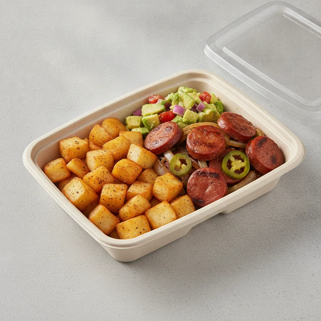 Chorizo Potatoes Boxed Lunch — Home Fries / Avocado Salad Chorizo Potatoes Boxed Lunch — Home Fries / Avocado Salad