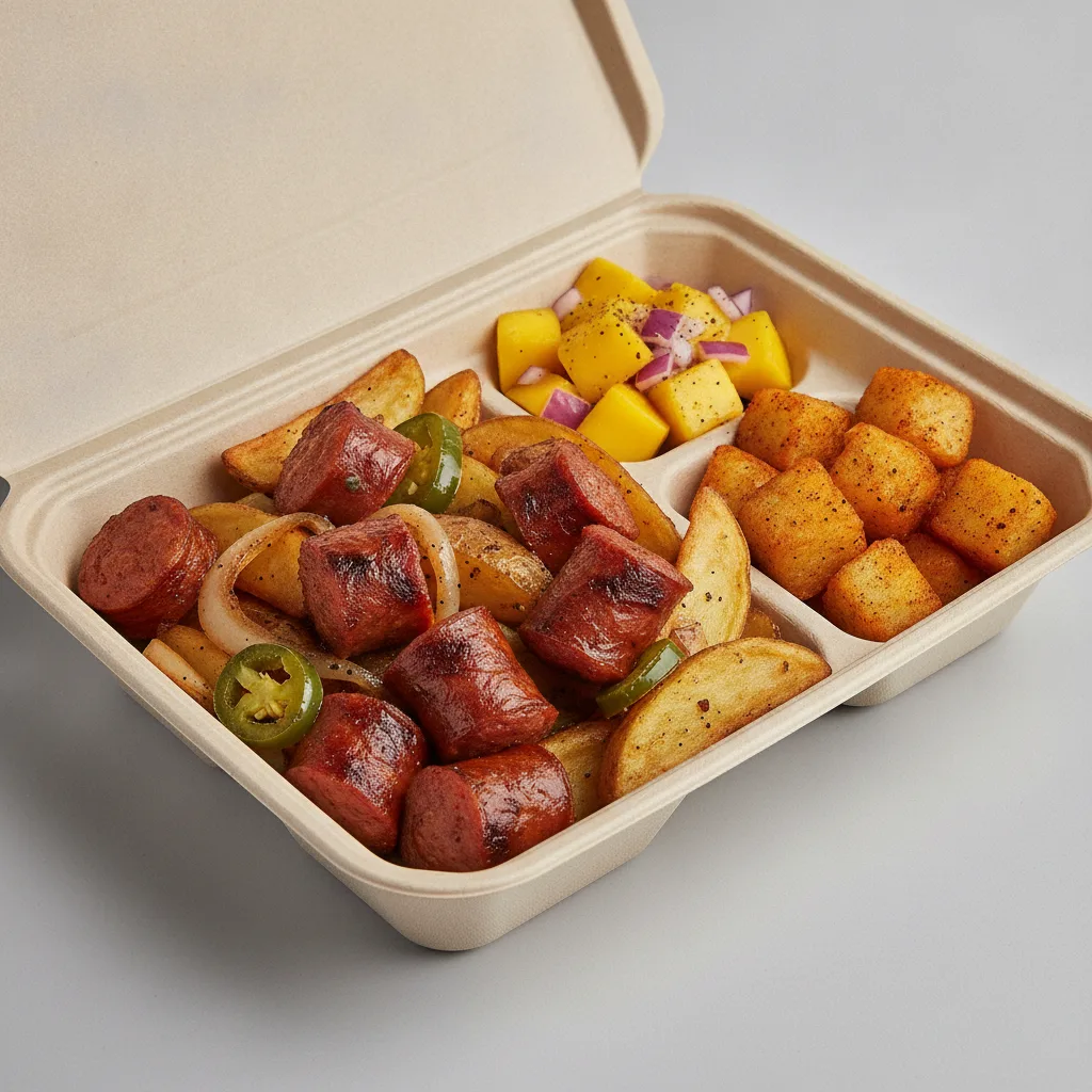 Chorizo Potatoes Boxed Lunch — Home Fries / Mango Salad Chorizo Potatoes Boxed Lunch — Home Fries / Mango Salad