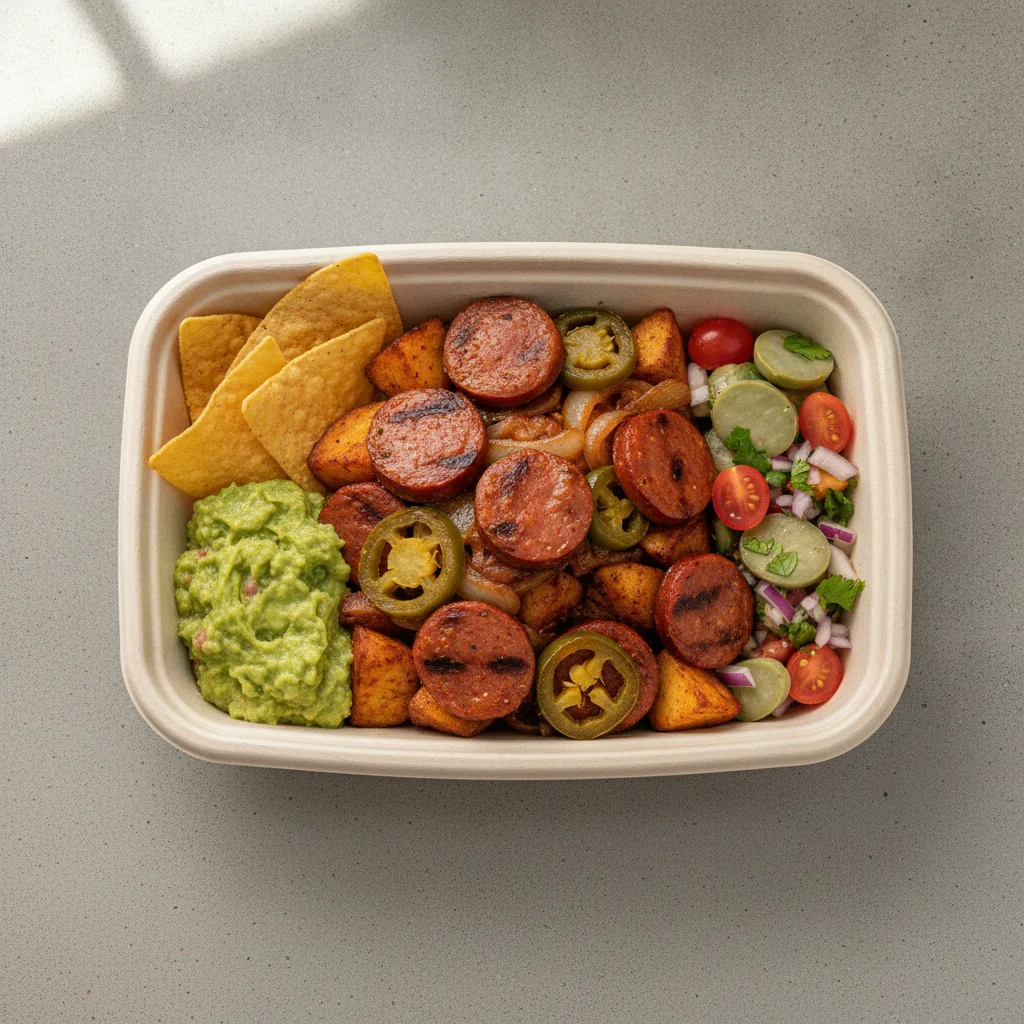 Chorizo Potatoes Boxed Lunch — Guacamole and Chips / Nopalitos Salad Chorizo Potatoes Boxed Lunch — Guacamole and Chips / Nopalitos Salad