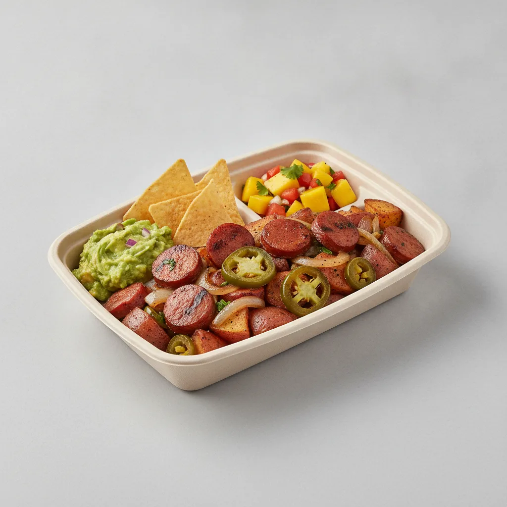 Chorizo Potatoes Boxed Lunch — Guacamole and Chips / Mango Salad Chorizo Potatoes Boxed Lunch — Guacamole and Chips / Mango Salad