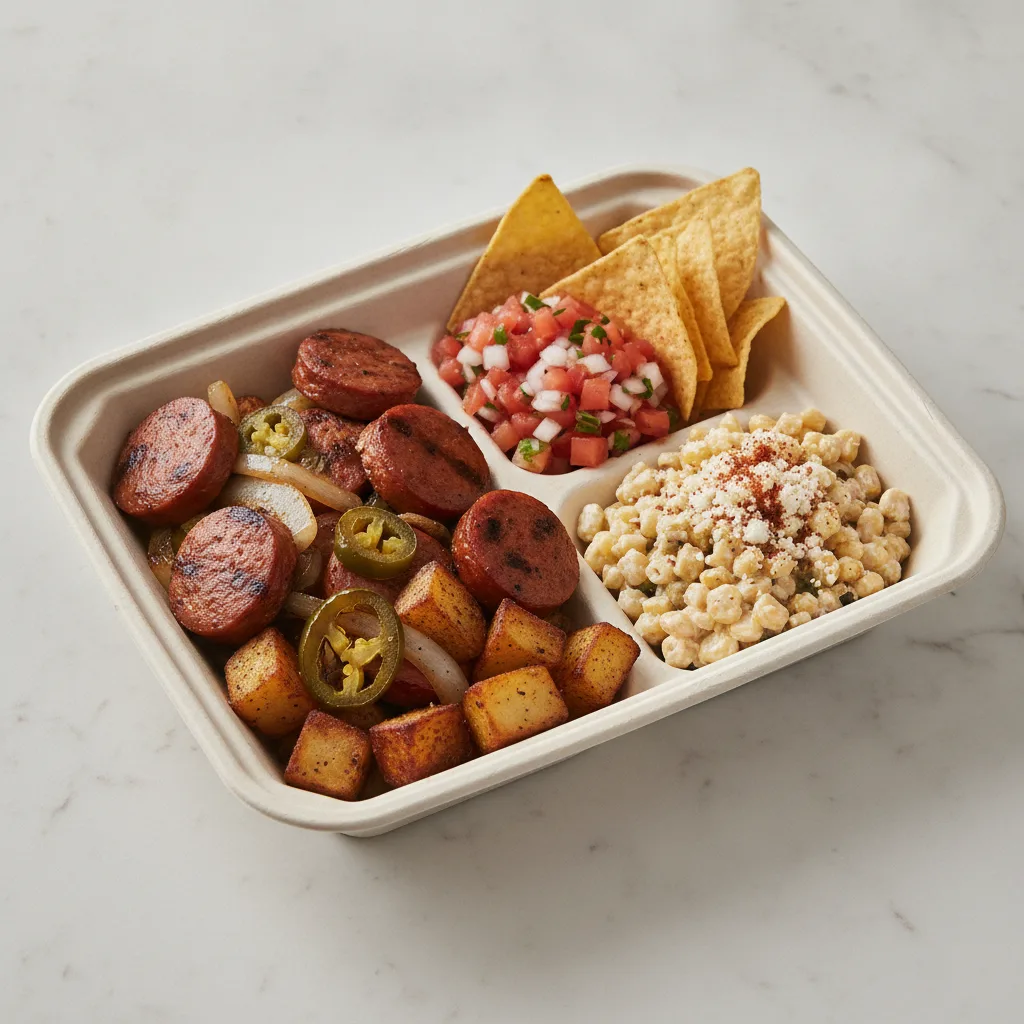 Chorizo Potatoes Boxed Lunch — Pico and Chips / Street Corn Salad Chorizo Potatoes Boxed Lunch — Pico and Chips / Street Corn Salad