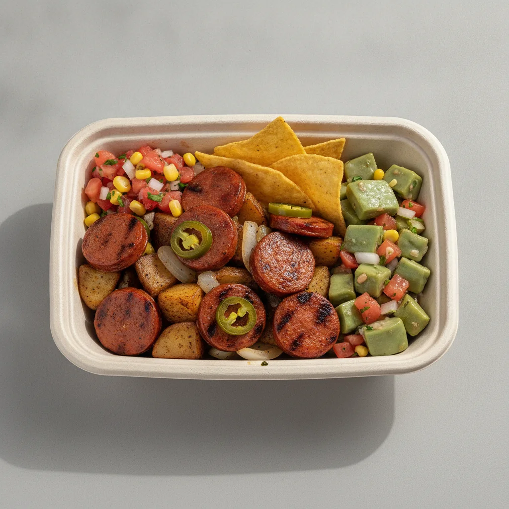 Chorizo Potatoes Boxed Lunch — Pico and Chips / Nopalitos Salad Chorizo Potatoes Boxed Lunch — Pico and Chips / Nopalitos Salad