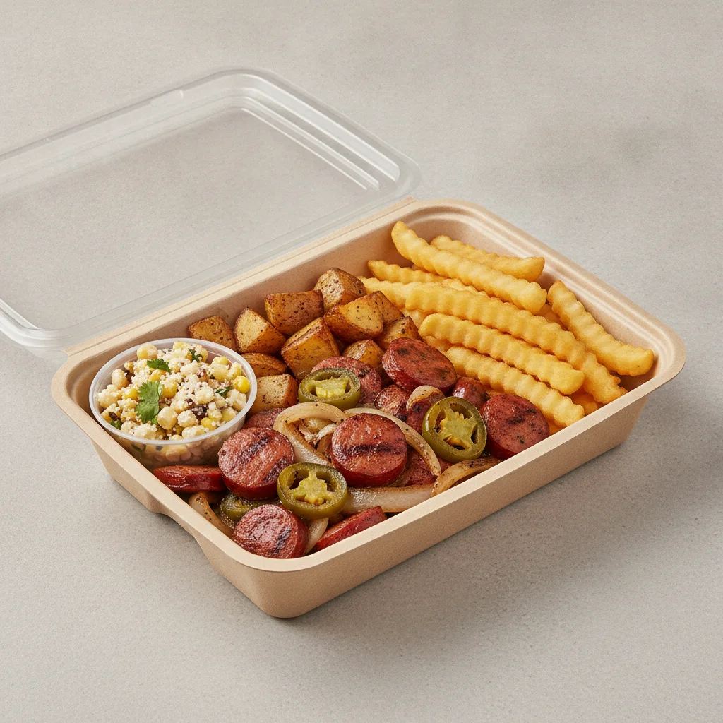 Chorizo Potatoes Boxed Lunch — French Fries / Street Corn Salad Chorizo Potatoes Boxed Lunch — French Fries / Street Corn Salad