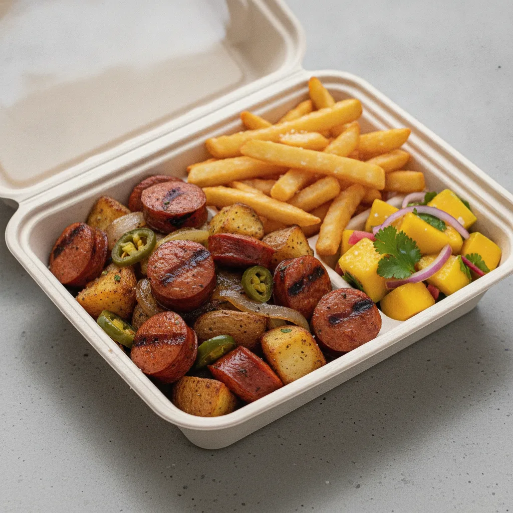 Chorizo Potatoes Boxed Lunch — French Fries / Mango Salad Chorizo Potatoes Boxed Lunch — French Fries / Mango Salad