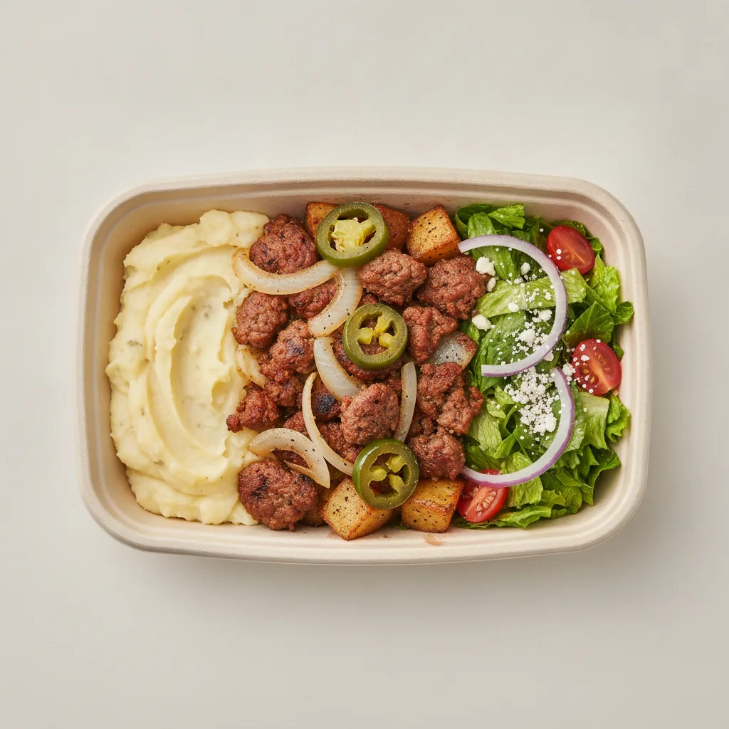 Chorizo Potatoes Boxed Lunch — Mashed Potato / Mexican House Salad Chorizo Potatoes Boxed Lunch — Mashed Potato / Mexican House Salad