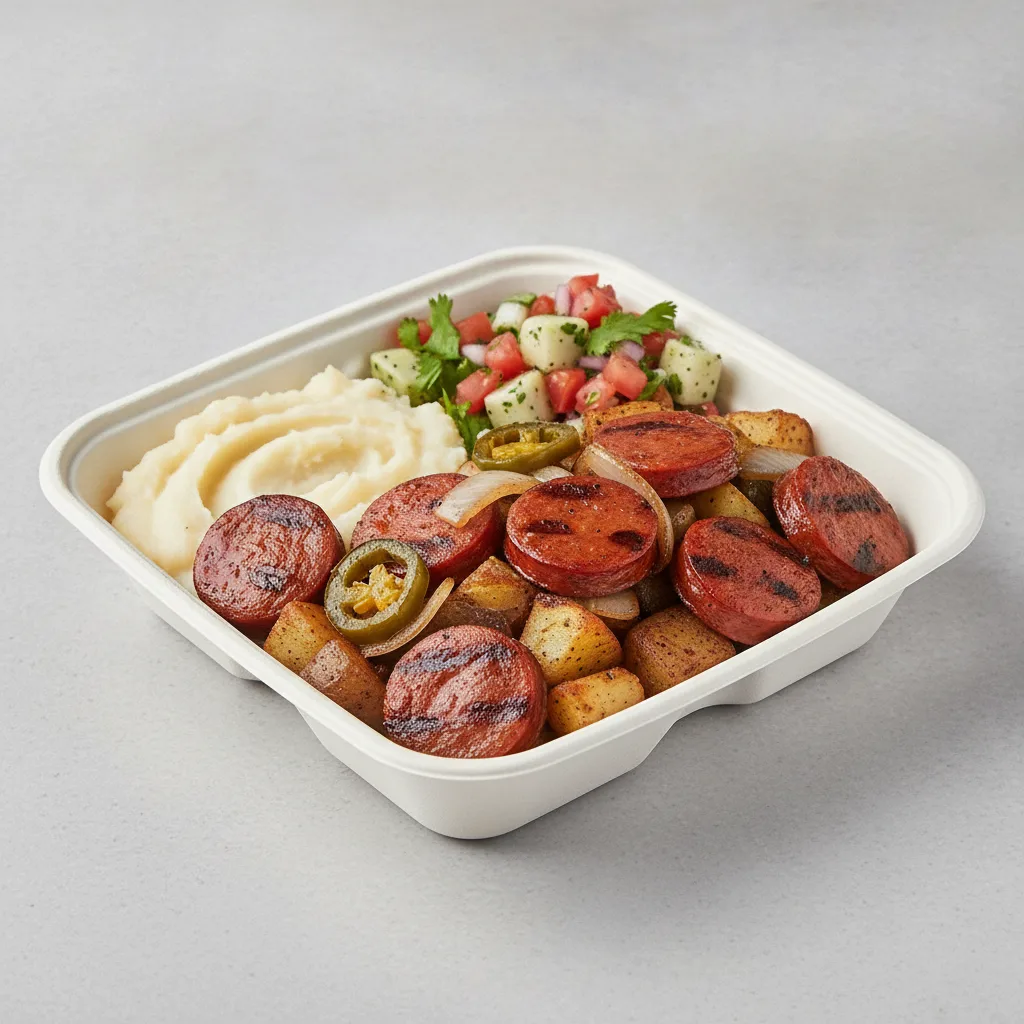 Chorizo Potatoes Boxed Lunch — Mashed Potato / Nopalitos Salad Chorizo Potatoes Boxed Lunch — Mashed Potato / Nopalitos Salad