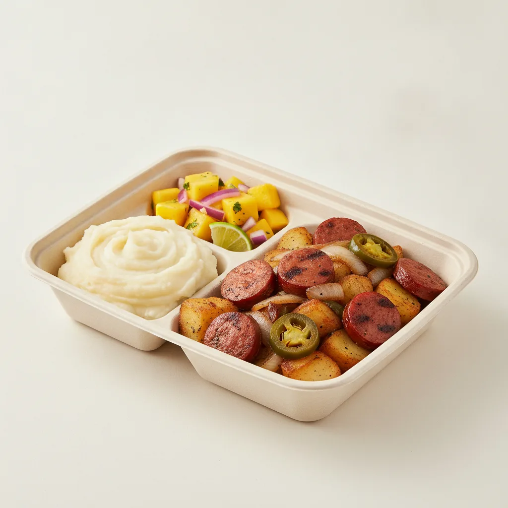 Chorizo Potatoes Boxed Lunch — Mashed Potato / Mango Salad Chorizo Potatoes Boxed Lunch — Mashed Potato / Mango Salad