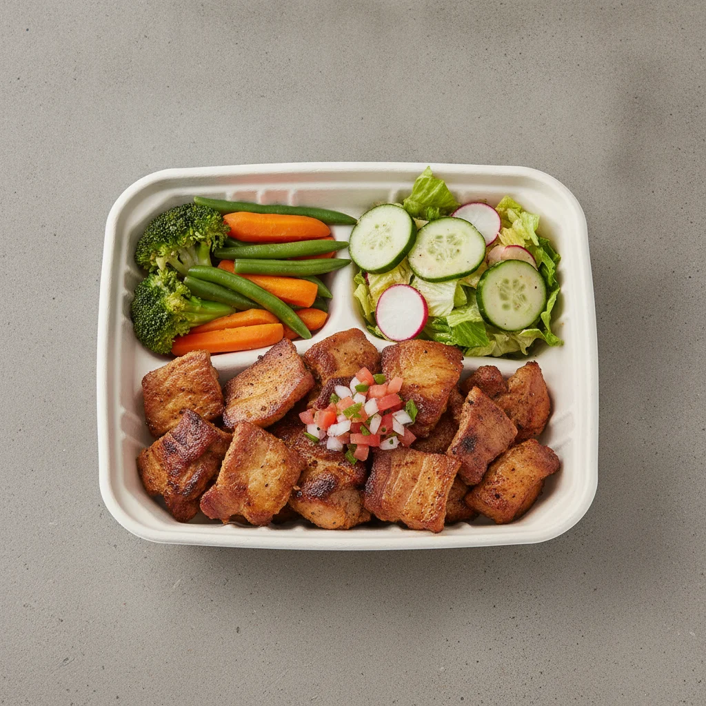 Carnitas Boxed Lunch with Steamed Mix Veggies / Mexican House Salad Carnitas Boxed Lunch with Steamed Mix Veggies / Mexican House Salad