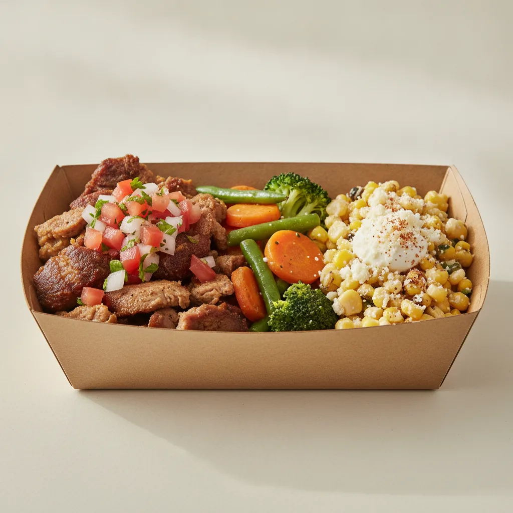 Carnitas Boxed Lunch with Steamed Mix Veggies / Street Corn Salad Carnitas Boxed Lunch with Steamed Mix Veggies / Street Corn Salad