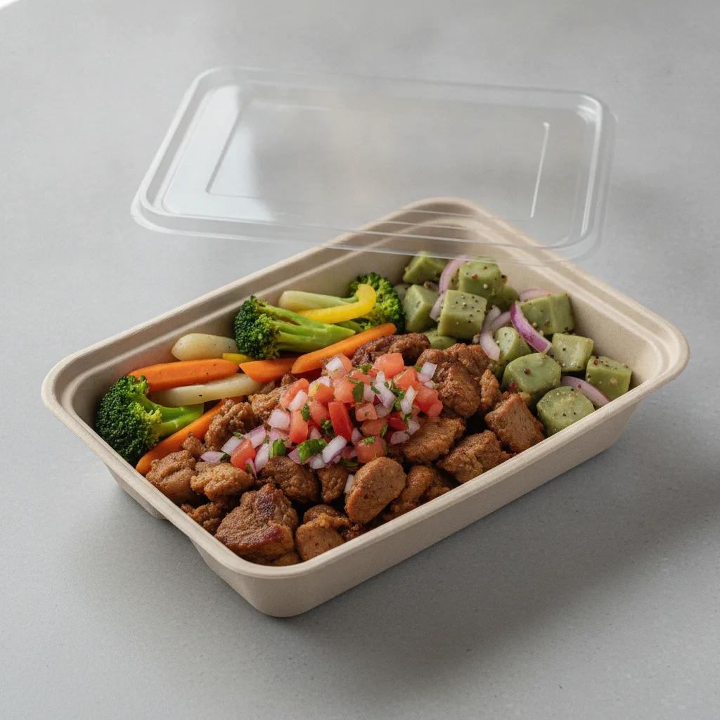 Carnitas Boxed Lunch with Steamed Mix Veggies / Nopalitos Salad Carnitas Boxed Lunch with Steamed Mix Veggies / Nopalitos Salad