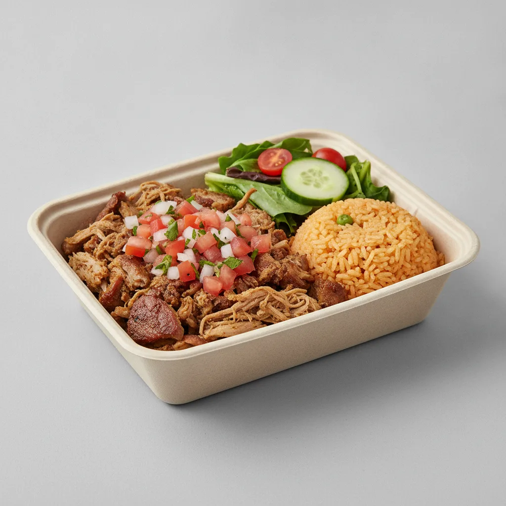 Carnitas Boxed Lunch — Mexican Rice / Green Salad Carnitas Boxed Lunch — Mexican Rice / Green Salad