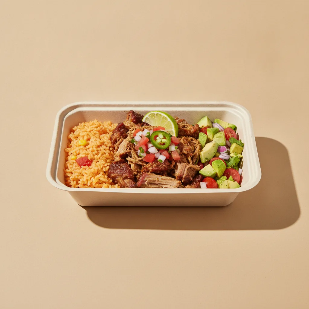 Carnitas Boxed Lunch — Mexican Rice / Avocado Salad Carnitas Boxed Lunch — Mexican Rice / Avocado Salad