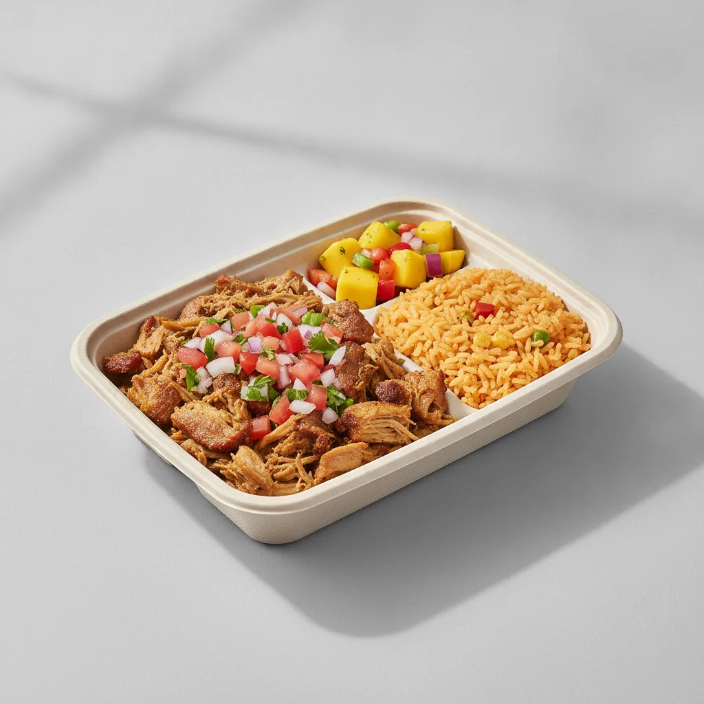 Carnitas Boxed Lunch — Mexican Rice / Mango Salad Carnitas Boxed Lunch — Mexican Rice / Mango Salad