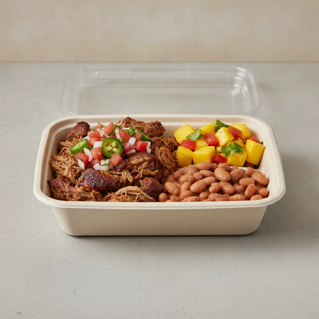 Carnitas Boxed Lunch — Pinto Beans / Mango Salad Carnitas Boxed Lunch — Pinto Beans / Mango Salad