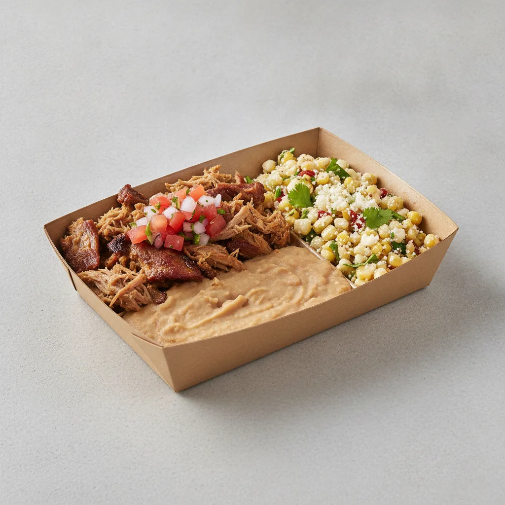 Carnitas Boxed Lunch with Refried Pinto Beans / Street Corn Salad Carnitas Boxed Lunch with Refried Pinto Beans / Street Corn Salad