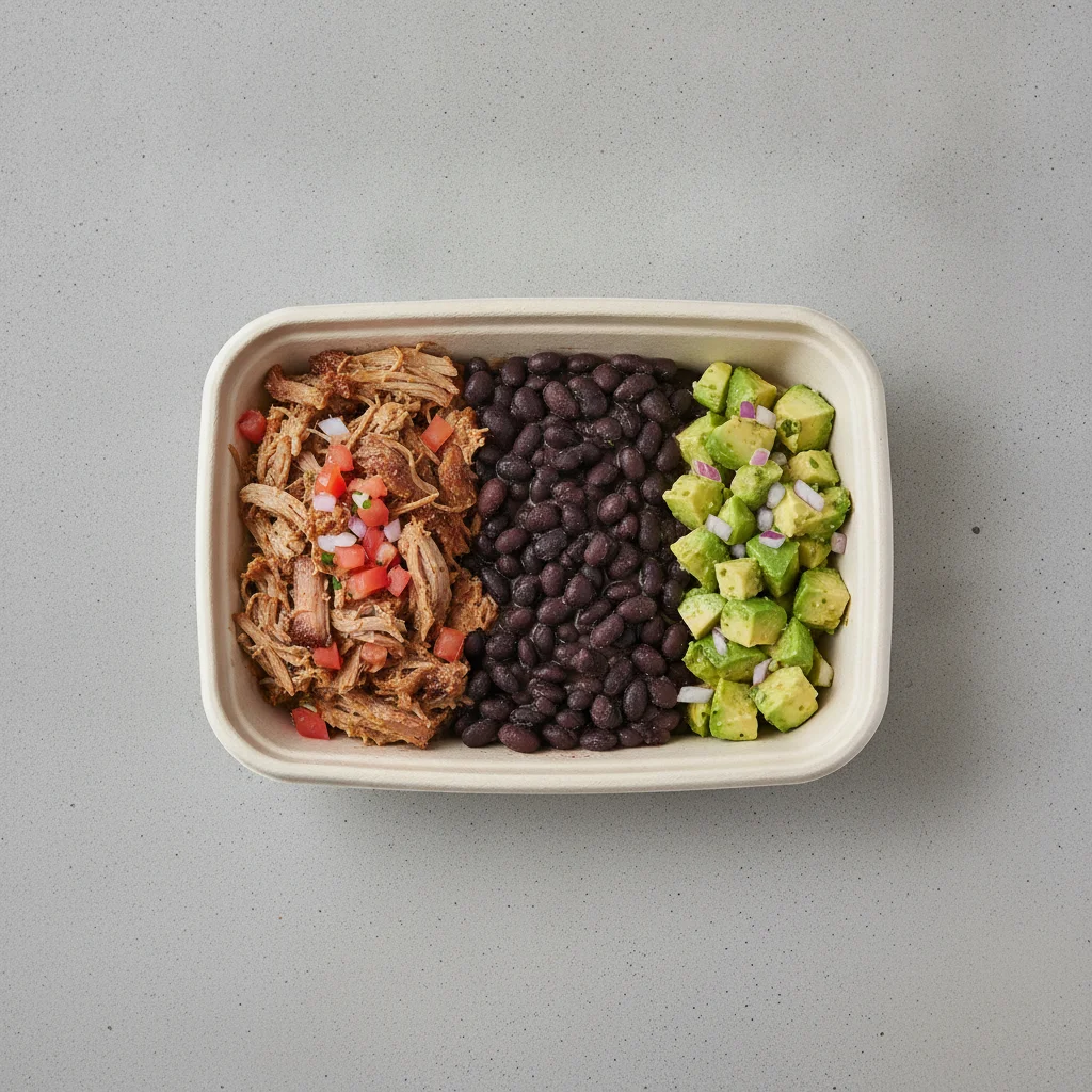 Carnitas Boxed Lunch — Black Beans / Avocado Salad Carnitas Boxed Lunch — Black Beans / Avocado Salad